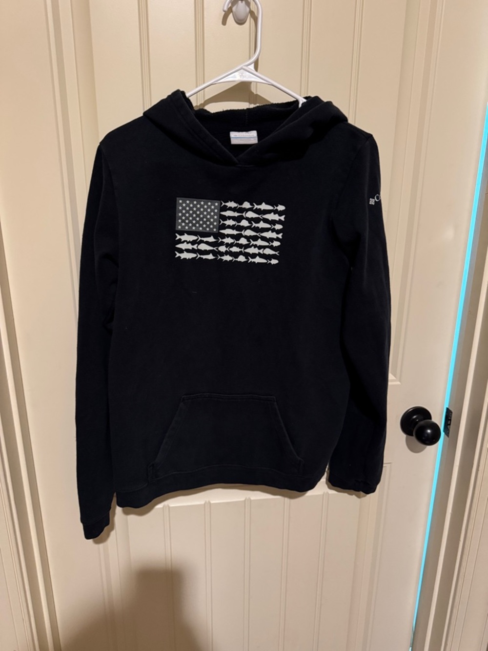 Columbia PFG Youth Black Hooded Sweatshirt with Fish Flag Graphic